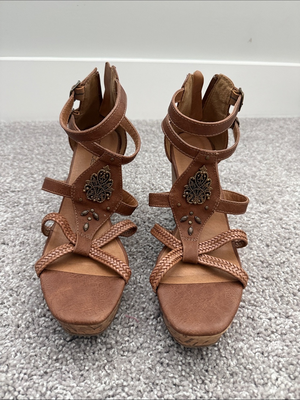 Maurices Tan Braided Platform Sandals with Decorative Accents